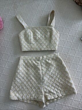 Lavender Brown Crop Top & High-Waist Shorts Set in Ivory with Gold Accents